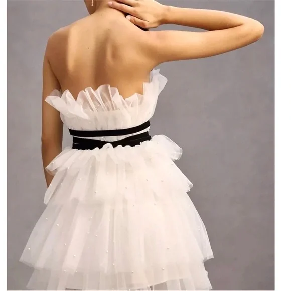 NWT Anthropologie Maeve Tiered Strapless Tulle Pearl Belted Mini Dress White 8